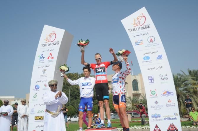 Chris Froome (Sky) on the top step of the podium in Oman