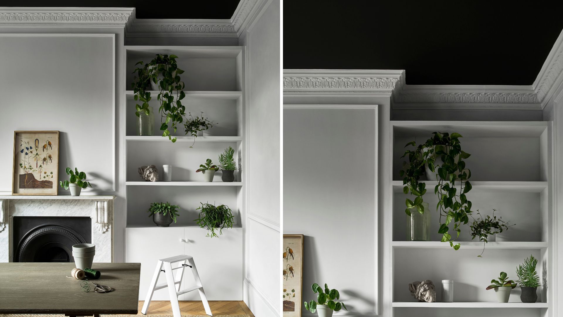 living room with white walls and a balck painted ceiling to showcase a best color for ceilings