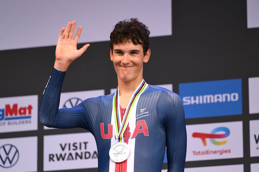 KIGALI, RWANDA - SEPTEMBER 23: Silver medalist Ashlin Barry and Team United States poses on the podium during the medal ceremony after the 98th UCI Cycling World Championships Kigali 2025 - Men Junior Individual Time Trial a 22.6km race from Kigali to Kigali on September 23, 2025 in Kigali, Rwanda. (Photo by David Ramos/Getty Images)