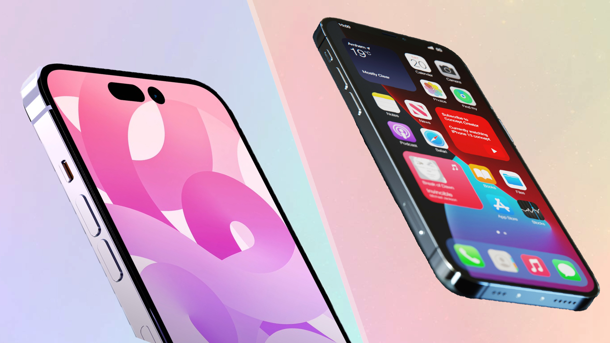 Un'immagine divisa con un concetto di rendering di iPhone 14 Pro e un concetto di iPhone portless