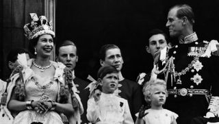 queen elizabeth ii on the balcony of buckingham palace after her coronation ceremony with left to right prince charles, princess anne and the prince philip, duke of edinburgh photo by fox photosgetty images