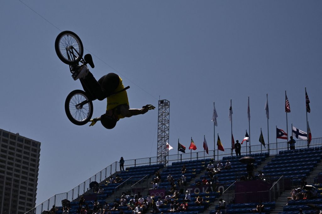 TOPSHOT Australias Logan Martin competes in the cycling BMX freestyle mens park final at the Ariake Urban Sports Park during the Tokyo 2020 Olympic Games in Tokyo on August 1 2021 Photo by Jeff PACHOUD AFP Photo by JEFF PACHOUDAFP via Getty Images