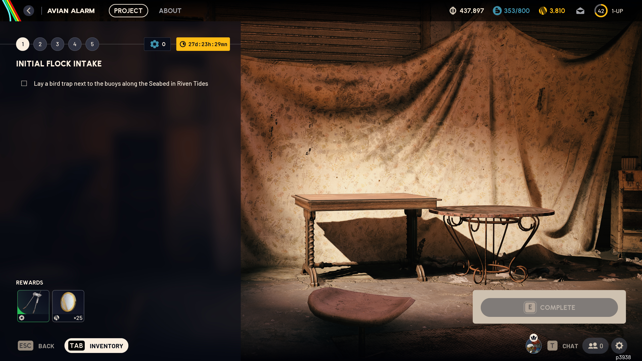Arc Raiders Avian Alarm: A screenshot of the project overview screen for step 1 of the Avian Alarm event.