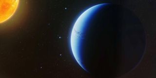 This is an artistic visualization of the exoplanet WASP-96b, which appears blue.