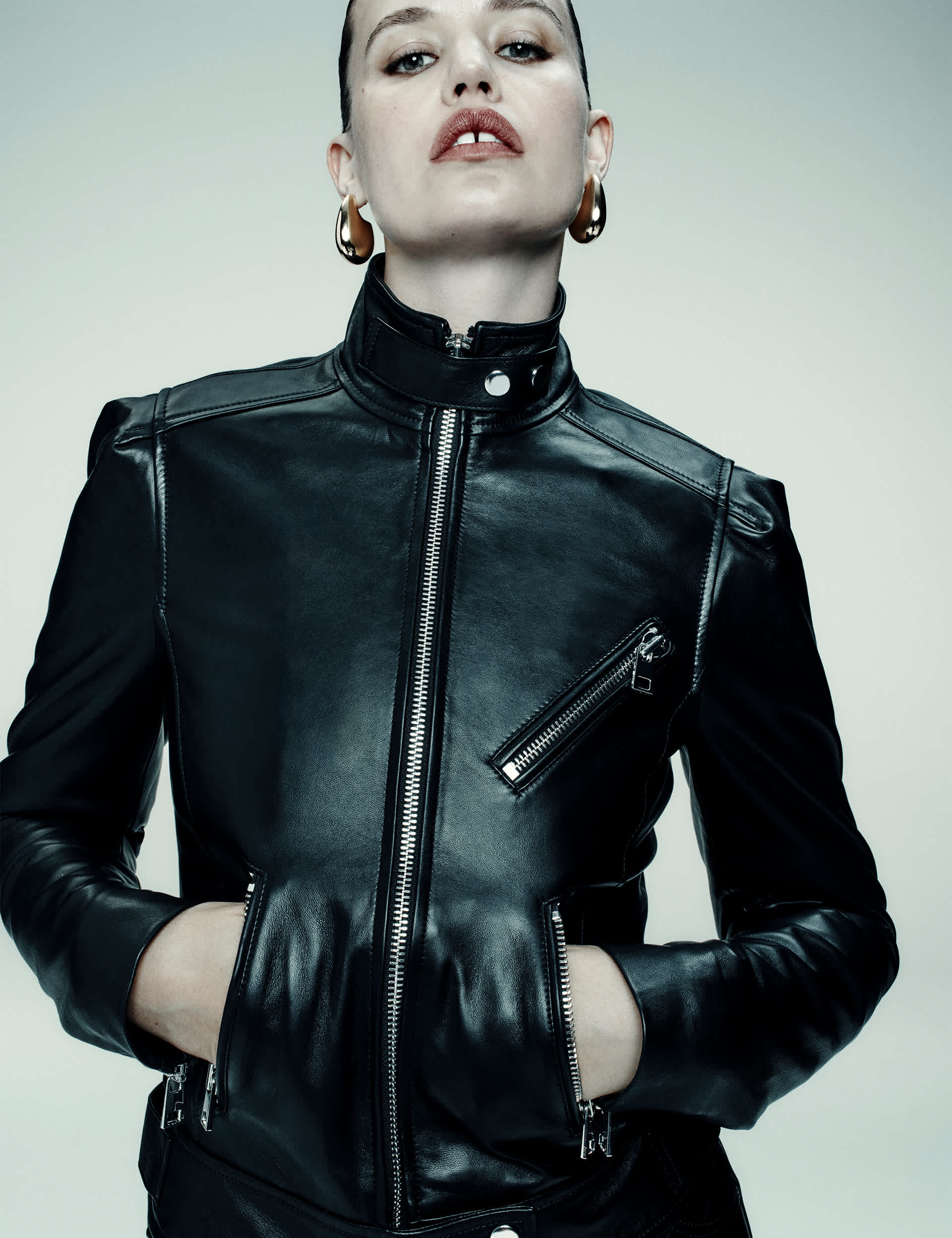 Leather Funnel Neck Biker Jacket
