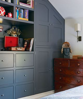Gray bedroom, built in storage cupboards in navy blue