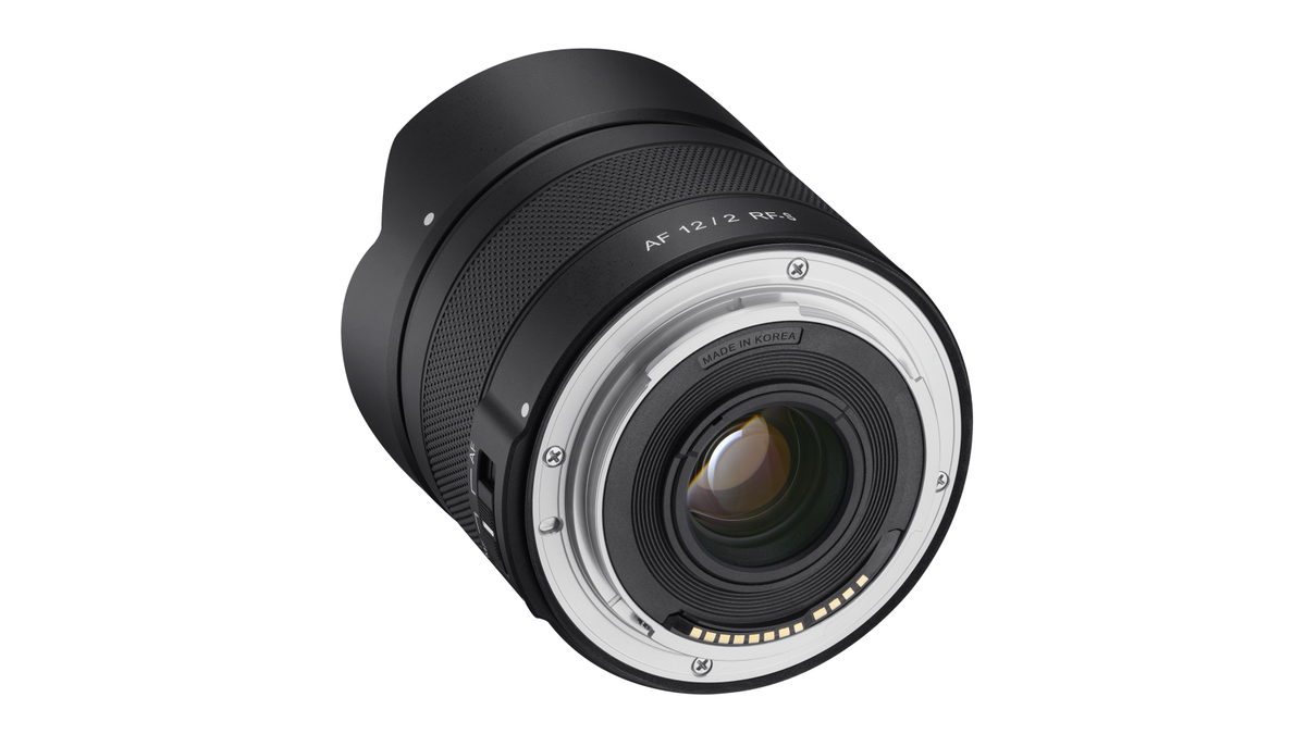 Samyang AF 12mm f/2 RF-S product shots on a white background
