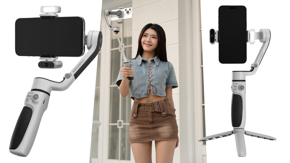 Zhiyun Cinepeer CQ5 Smartphone Stabilizer being used by a person, flanked by two product images on a white background 