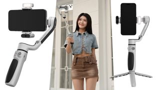 Zhiyun Cinepeer CQ5 Smartphone Stabilizer being used by a person, flanked by two product images on a white background 