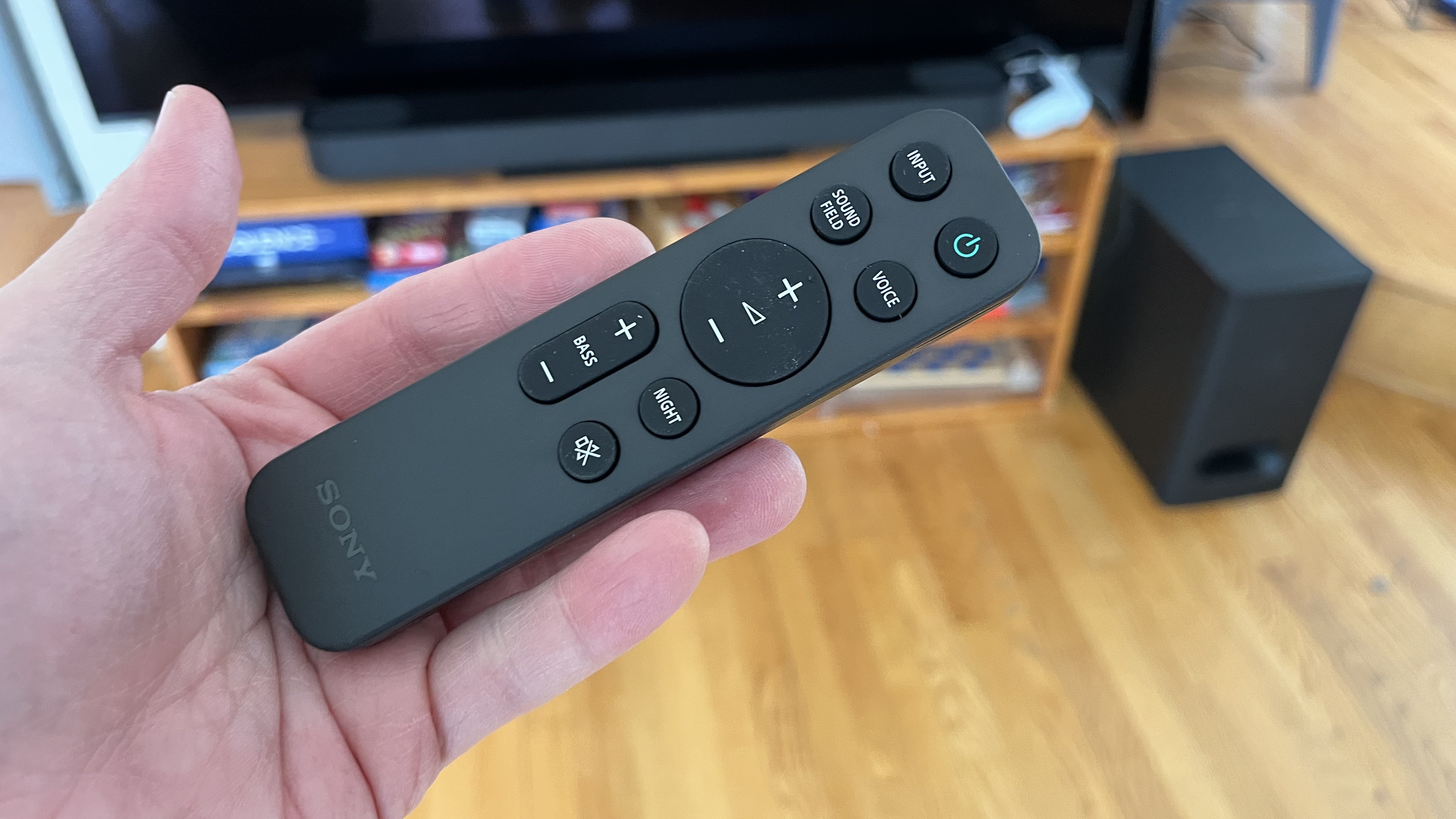Sony Bravia theater bar 6 remote control held in hand