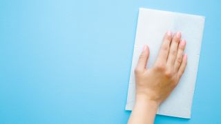 A woman's hand wiping a blue wall