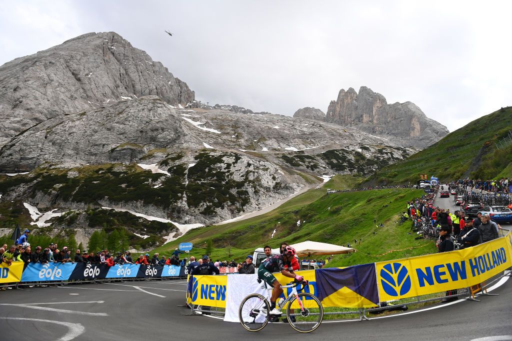PASSO FEDAIA ITALY MAY 28 Diego Andres Camargo Pineda of Colombia and Team EF Education Easypost competes while fans cheer during the 105th Giro dItalia 2022 Stage 20 a 168km stage from Belluno to Marmolada Passo Fedaia 2052m Giro WorldTour on May 28 2022 in Passo Fedaia Italy Photo by Tim de WaeleGetty Images
