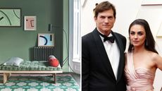 Green living room and Ashton Kutcher with Mila Kunis