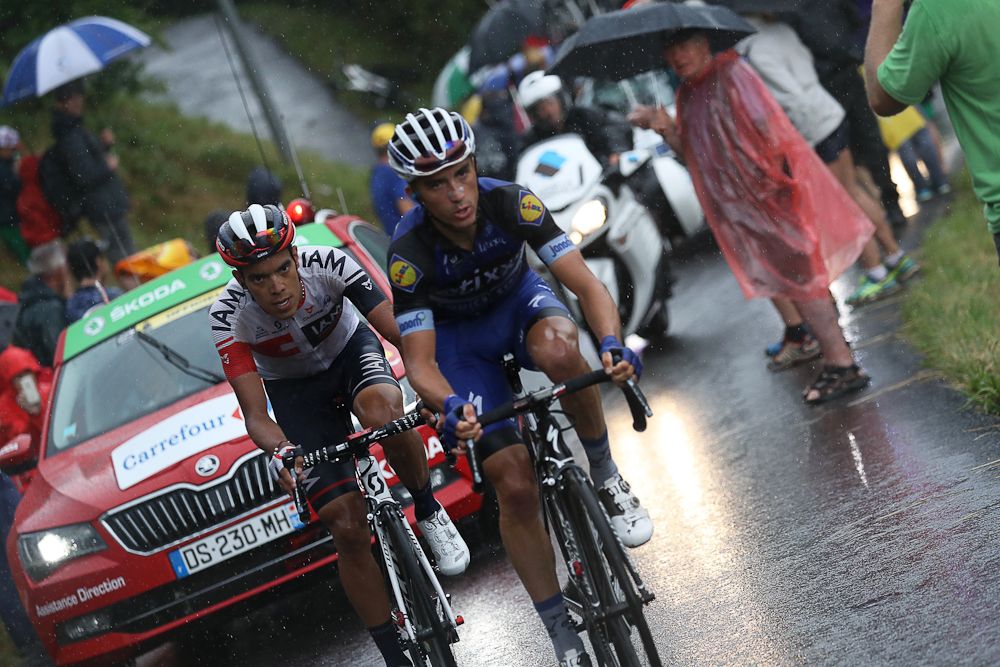 Julian Alaphillipe and Jarlinson Pantano ride off the front during stage 20 at the Tour de France.