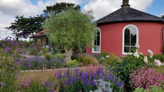 pretty cottage garden idea flower borders with pink house in background