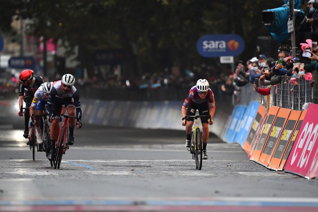 ASTI ITALY OCTOBER 23 Arrival Sprint Iljo Keisse of Belgium and Team Deceuninck QuickStep Jacopo Mosca of Italy and Team Trek Segafredo Simon Clarke of Australia and Team EF Pro Cycling during the 103rd Giro dItalia 2020 Stage 19 a 1245km stage from Abbiategrasso to Asti Stage shortened due to heavy rain girodiitalia Giro on October 23 2020 in Asti Italy Photo by Stuart FranklinGetty Images