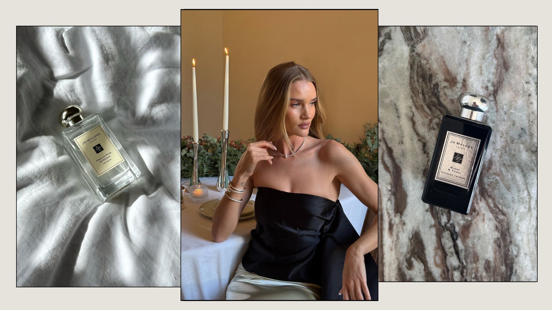 A collage with pictures of Jo Malone perfume bottles and a photo of Rosie Huntington-Whiteley