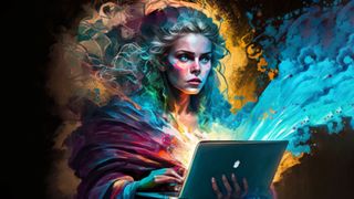 Midjourney: AI Generated image of a magical woman holding a Macbook Pro. 