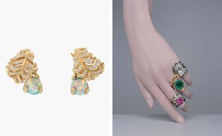 Left, ’Petit Panache Opal’ earrings in yellow gold, with diamonds and black opals. Right, Dior à Versailles, Brigitte Niedermair for Dior