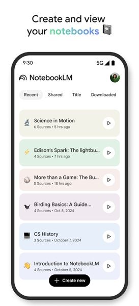 A screenshot of NotebookLM's home screen with various notebooks ready for the user to dive into on Android.