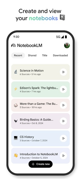 A screenshot of NotebookLM's home screen with various notebooks ready for the user to dive into on Android.
