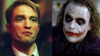 Chris Hansen (Pattinson) dressed in a suit and tie in Primetime (2026), The Joker (Heath Ledger) in face makeup and purple jacket in The Dark Knight (2008).