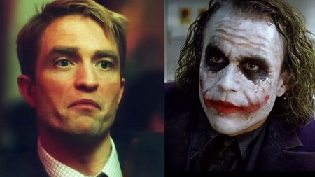 Chris Hansen (Pattinson) dressed in a suit and tie in Primetime (2026), The Joker (Heath Ledger) in face makeup and purple jacket in The Dark Knight (2008).