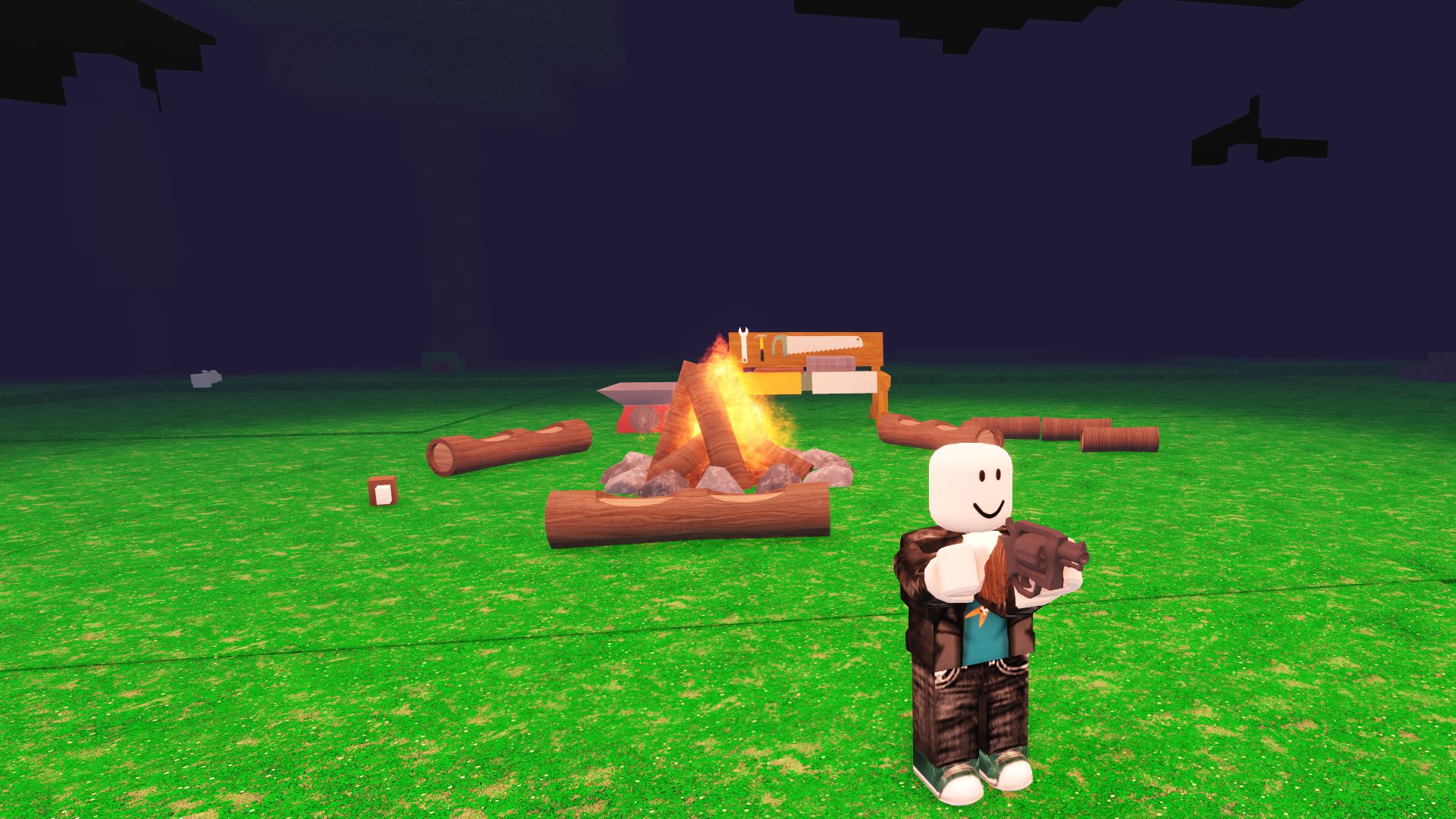 A Roblox character holds a pistol, his back to a campfire surrounded by darkness