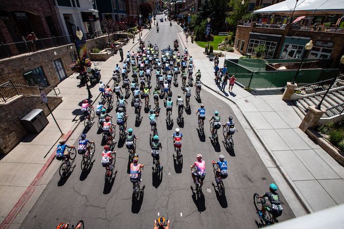 The peloton roles through downtown Park City on a neutral lap for the start of stage 6 of the 2019 Tour of Utah