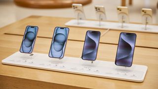 The complete iPhone 15 lineup at Apple's Regent Street store in London, U.K.