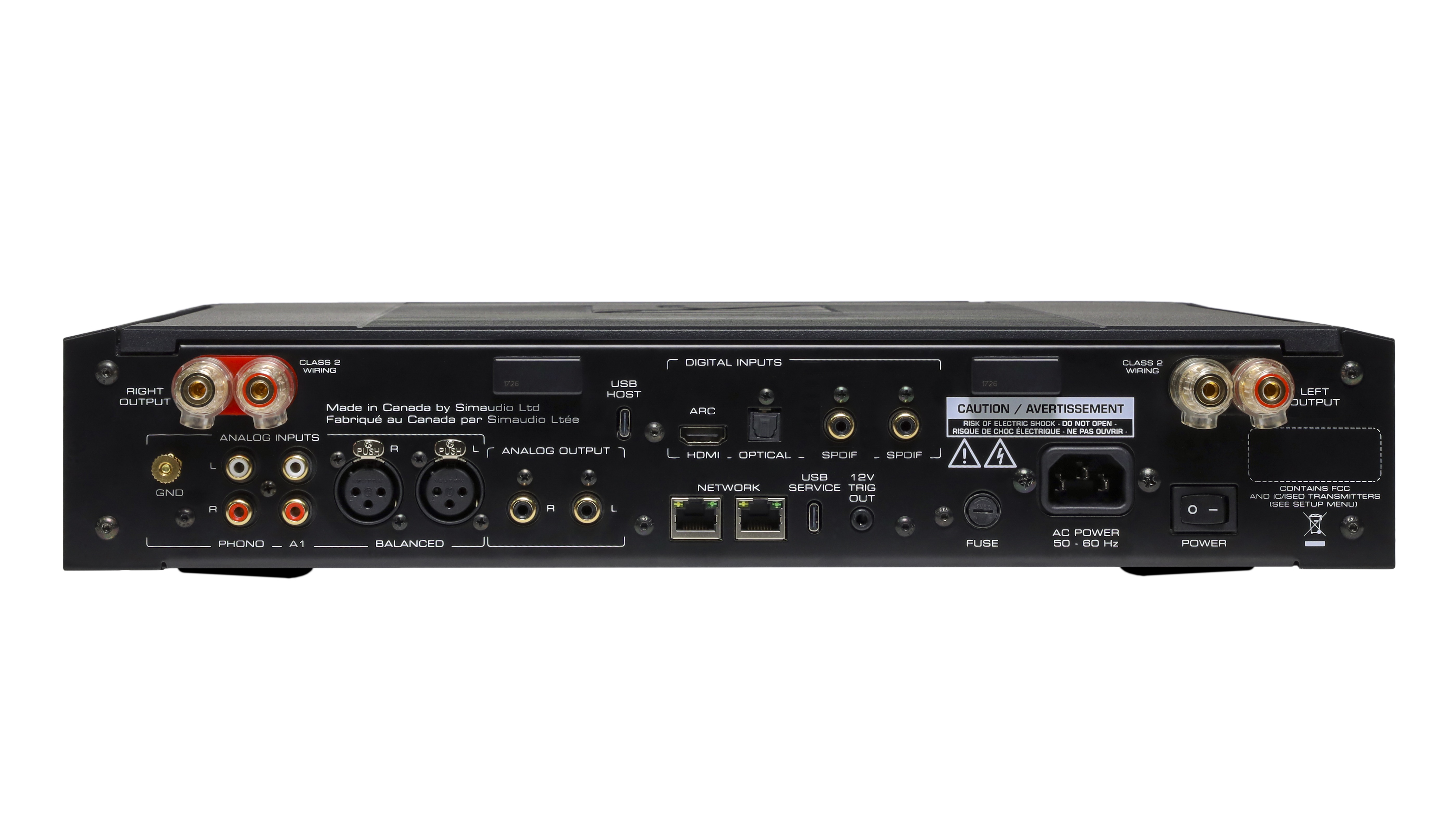 Rear panel connections on Moon 371 streaming amp