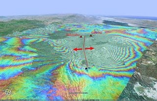 A 3D view showing of the ground movement which occurred in September 2005 using satellite radar measurements from Envisat data. Over about 3 weeks, the crust on either side of the rift moved apart by as much as 19 feet (6 meters), with molten rock filling the crack between the plates. Credits: Figure was prepared by Tim Wright, University of Oxford/Leeds using Google Earth