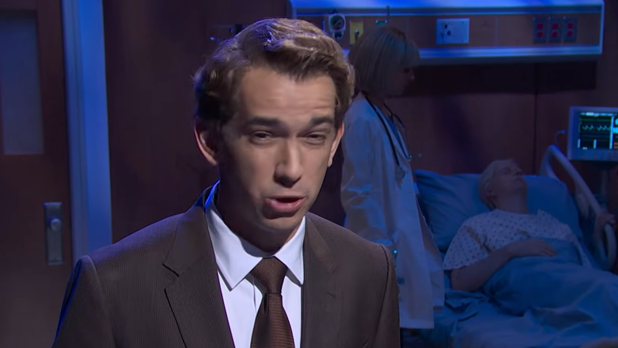Andrew Dismukes plays an old timey narrator during a sketch on SNL.