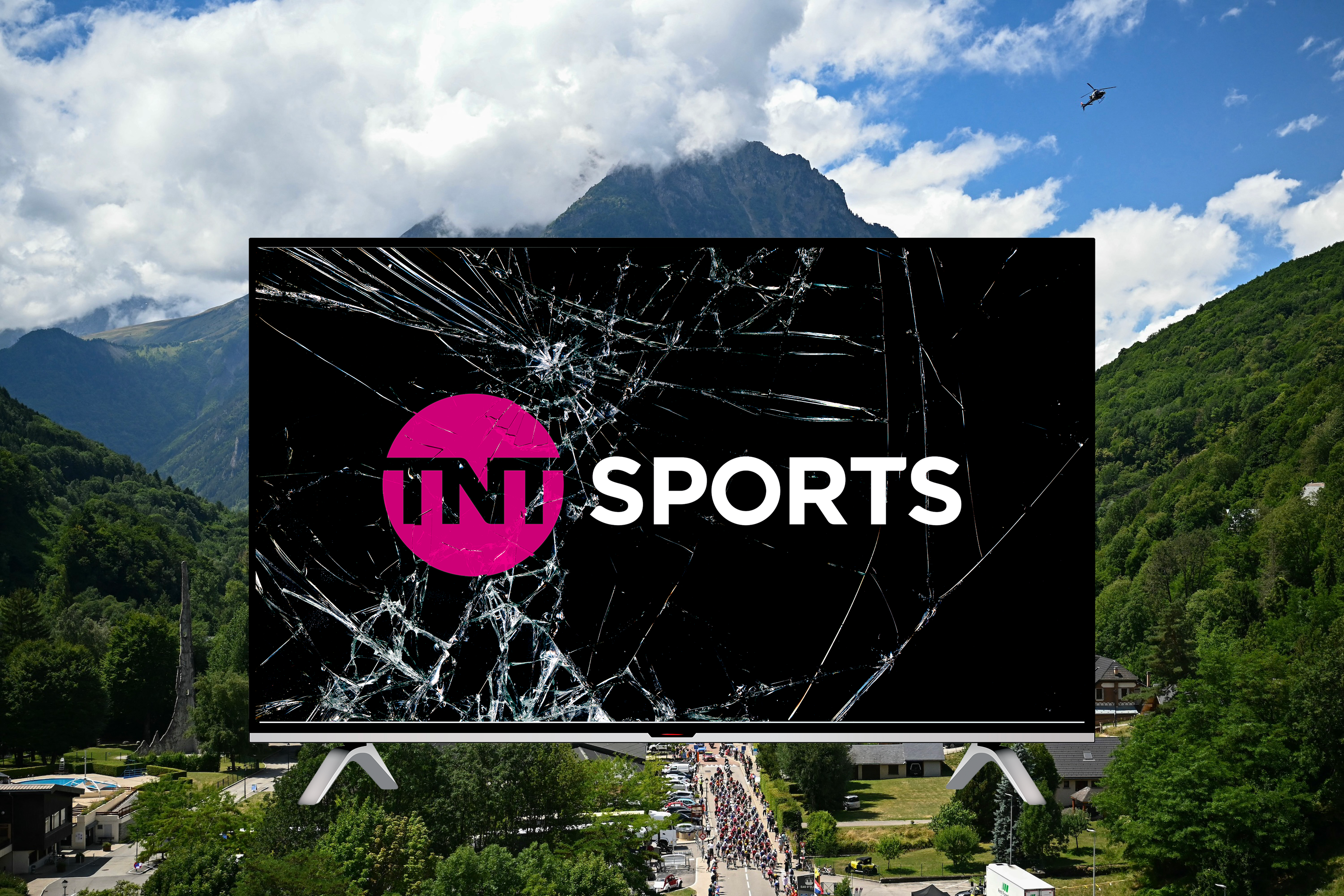 A cracked TV screen with 'TNT Sports' over a Tour de France mountain scene