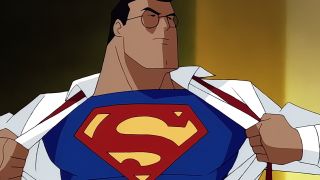 Tim Daly's Clark Kent pulling back shirt to show Superman symbol