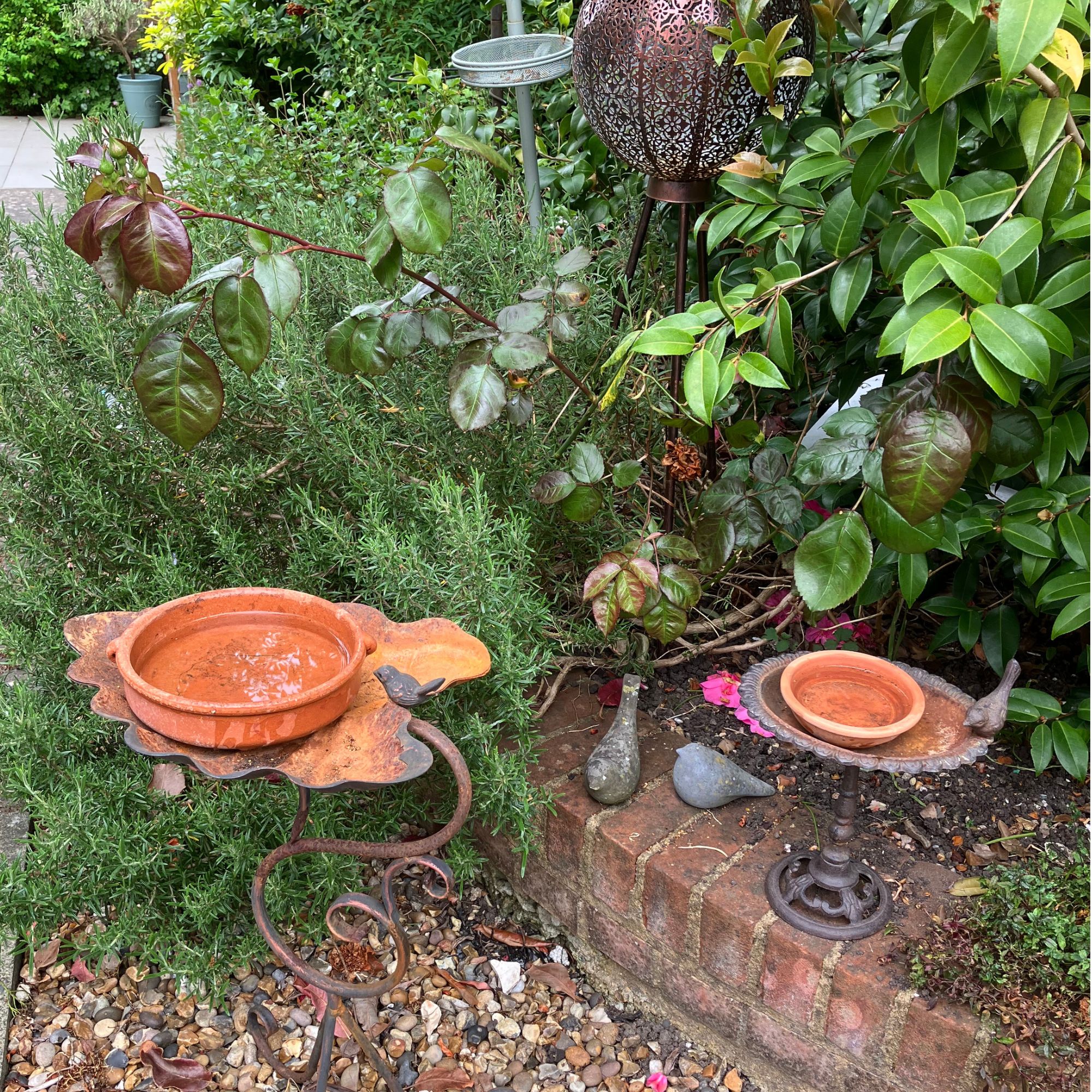 two terracotta bird baths in garden