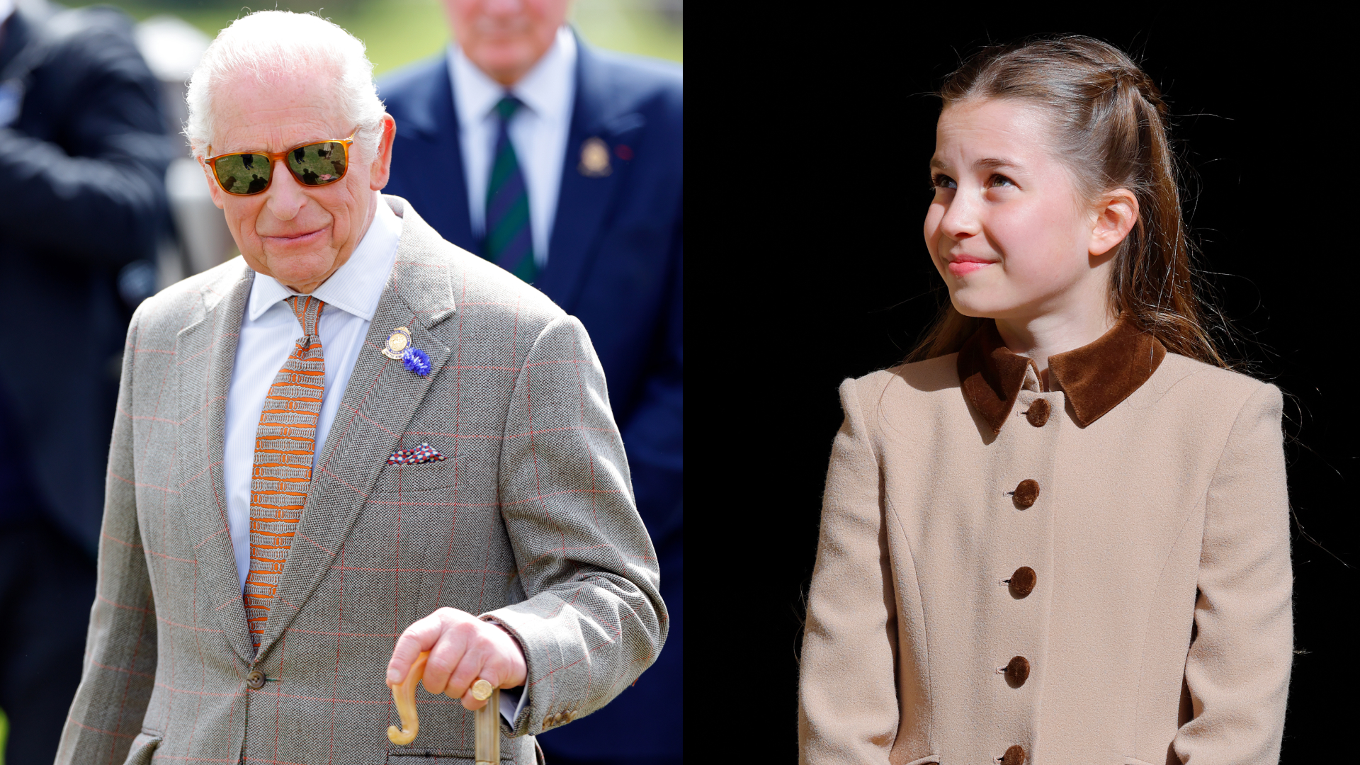 King Charles wearing sunglasses; Princess Charlotte wearing a brown coat and smiling