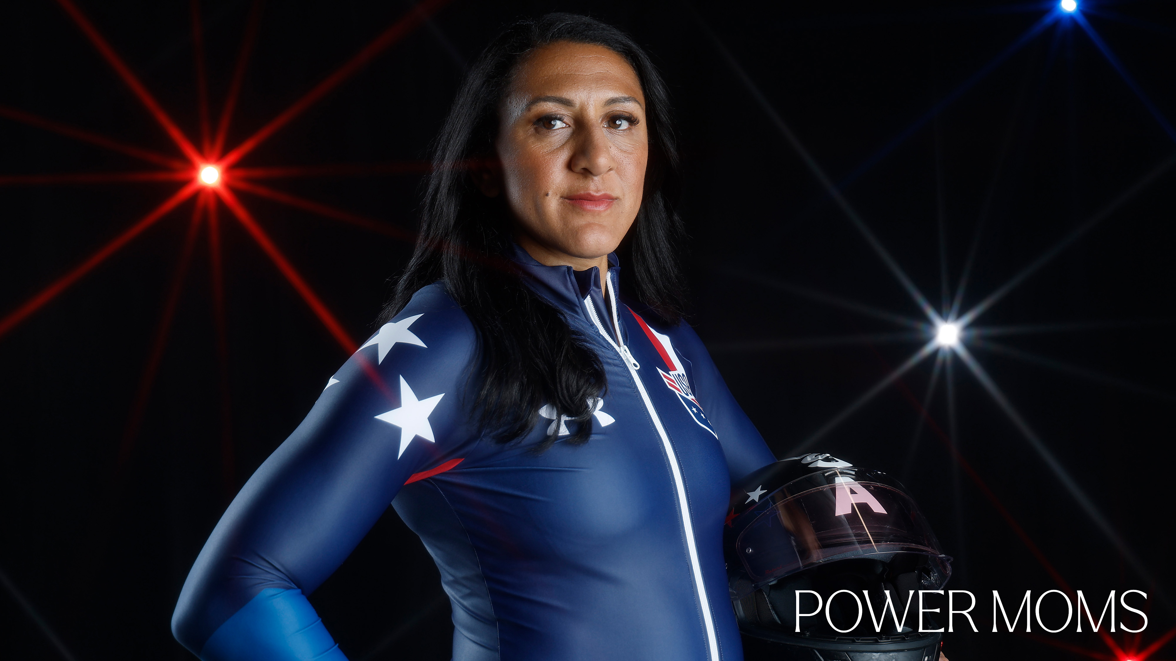 Elana Meyers Taylor wearing an Olympic uniform with Power Moms overlay