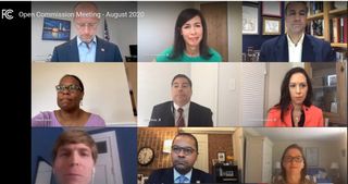 FCC Commissioners (top row and center column) and staff during Thursday online Open Meeting