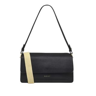 Flat lay image of black handbag 