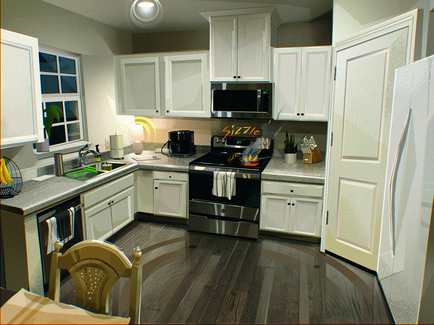 Realistic digital artwork of a modern domestic kitchen