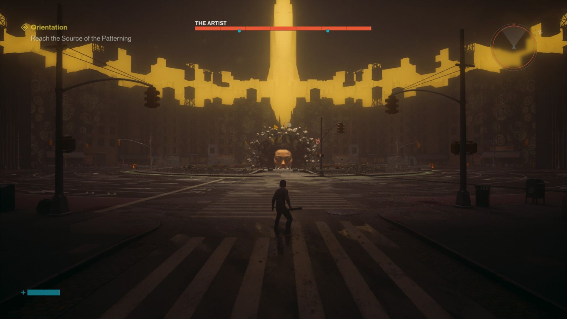 A lone figure crosses a deserted city intersection beneath towering golden light, in a surreal, ominous game scene with an objective and boss health bar.