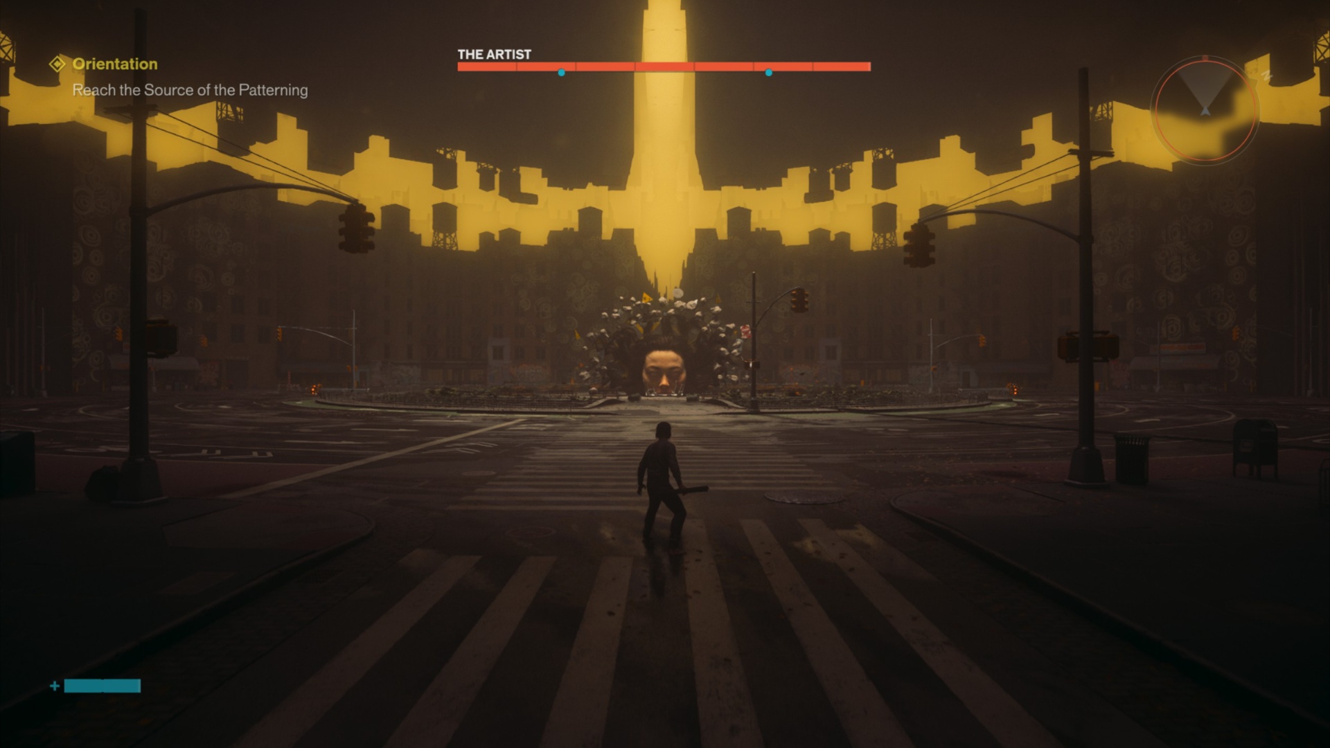 A lone figure crosses a deserted city intersection beneath towering golden light, in a surreal, ominous game scene with an objective and boss health bar.