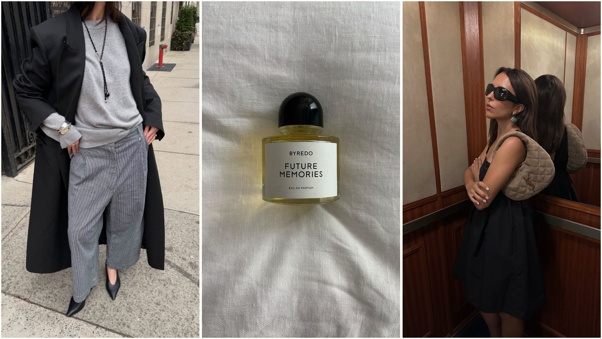 A collage of creators @mimixn and @deborabrosa wearing autumnal outfits and a picture of the Byredo Future Memories perfume