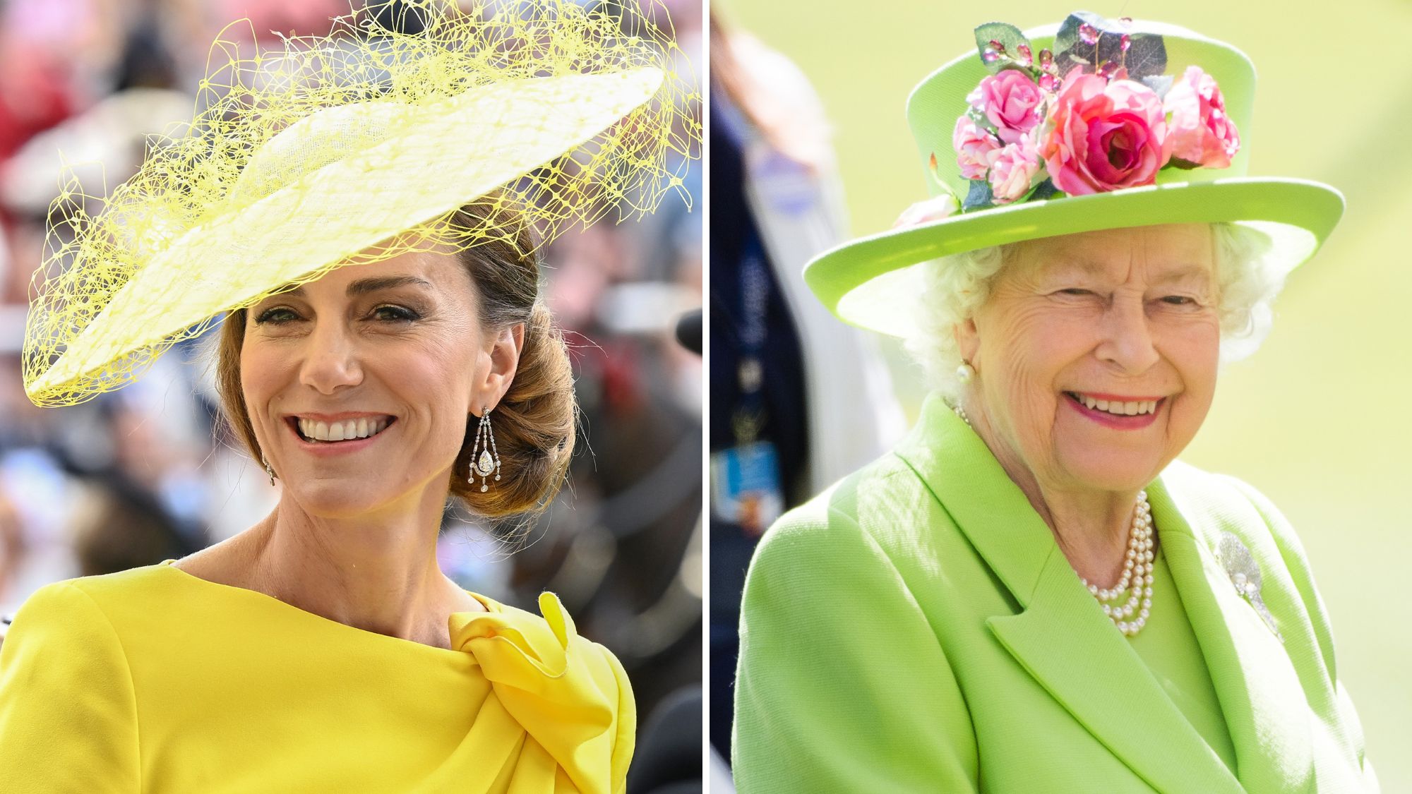 A composite of a picture of Kate Middleton at Ascot 2026 and a picture of Queen Elizabeth at Ascot 2018