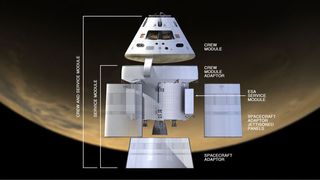 Orion crew and service module with annotations. Image released Jan. 16, 2013.