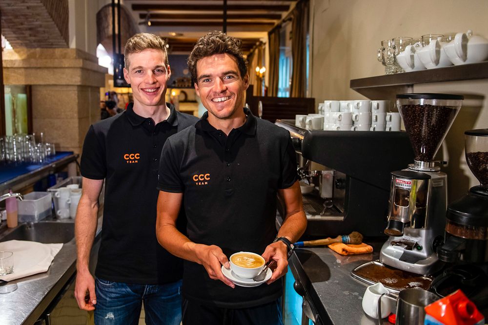 Happy fellows Greg Van Avermaet and Gijs Van Hoecke at the CCC team press conference
