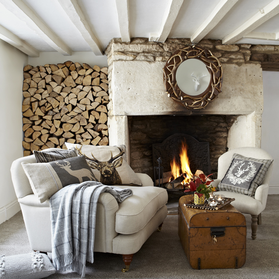 living room with fire place nd sofa