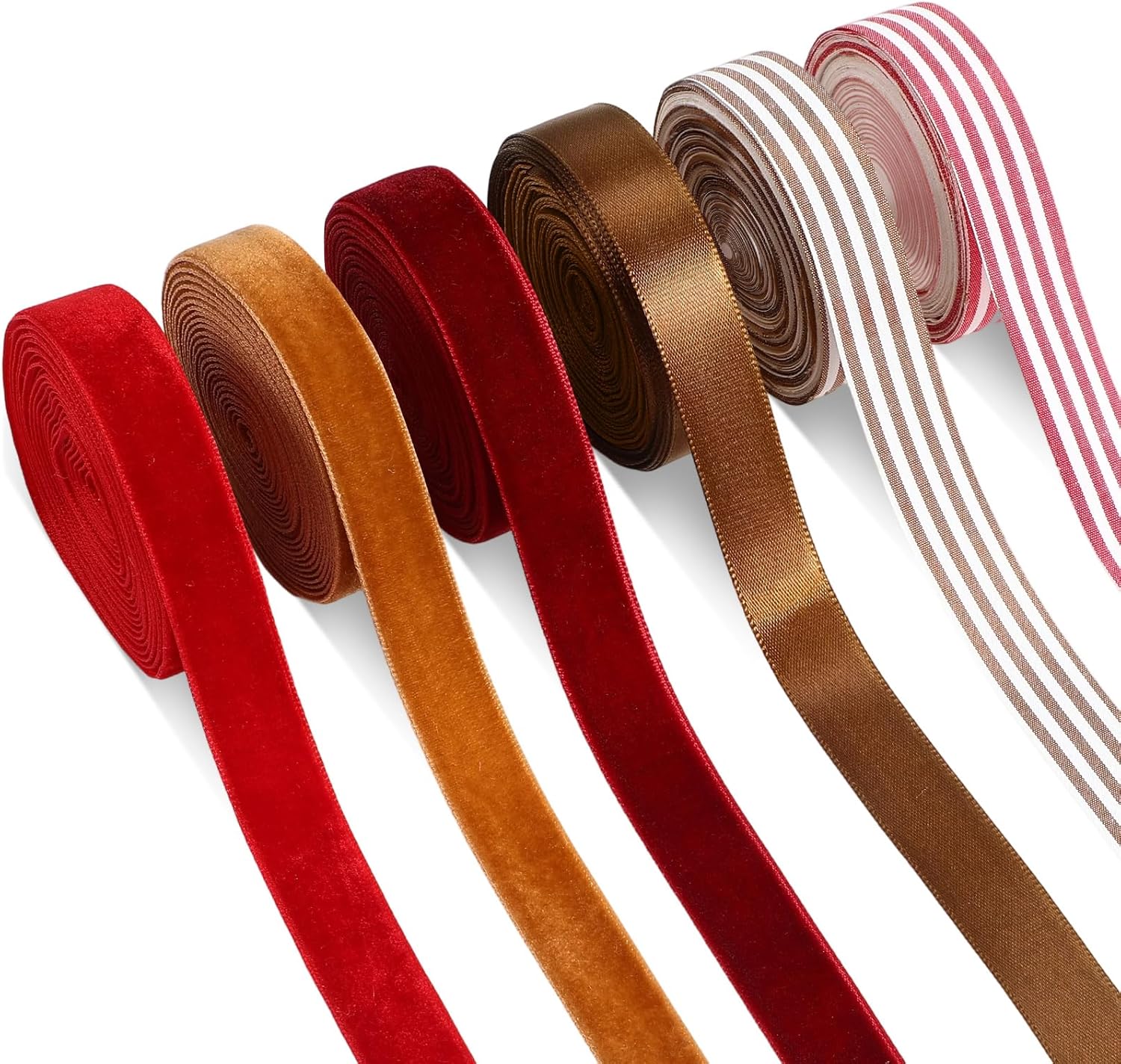 Suncalla 6 Rolls Christmas Velvet Ribbons,total 18 Yards, 5/8 Inch Handmade Vintage Cotton Ribbons Rustic Satin Craft Ribbon for Gift Wrapping, Xmas Tree Ornaments(burgundy,brown,red,white,brown)
