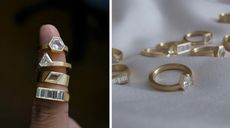 Diamond rings by Shihara worn on finger and spread out on a grey table